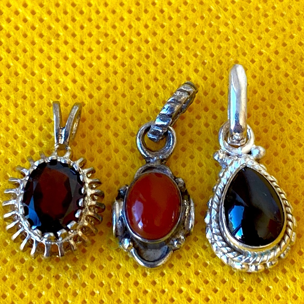 3 sterling silver Garnet Onyx Carnelian pendants lot